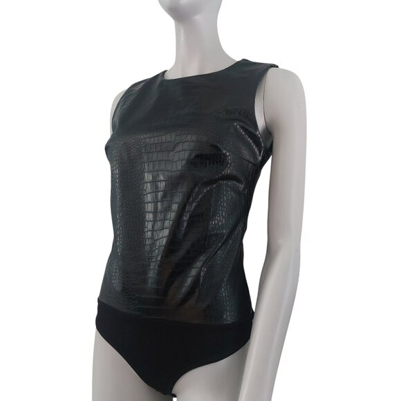 Black Faux Leather Bodysuit M Tank Top Croc Embossed Basic Layer Edgy EXPRESS - Picture 11 of 14